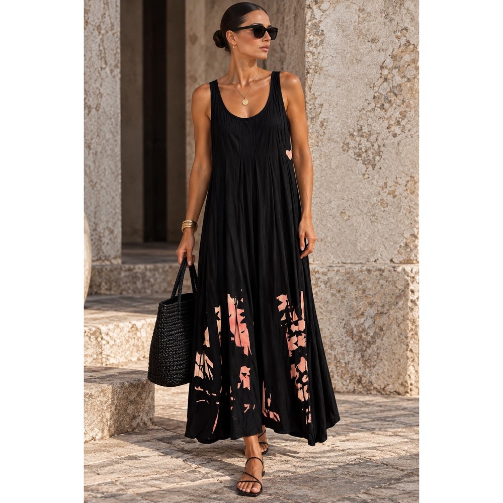 Fuzzi Black Pink Abstract Print Cotton Pleated Maxi Dress Made in Italy M